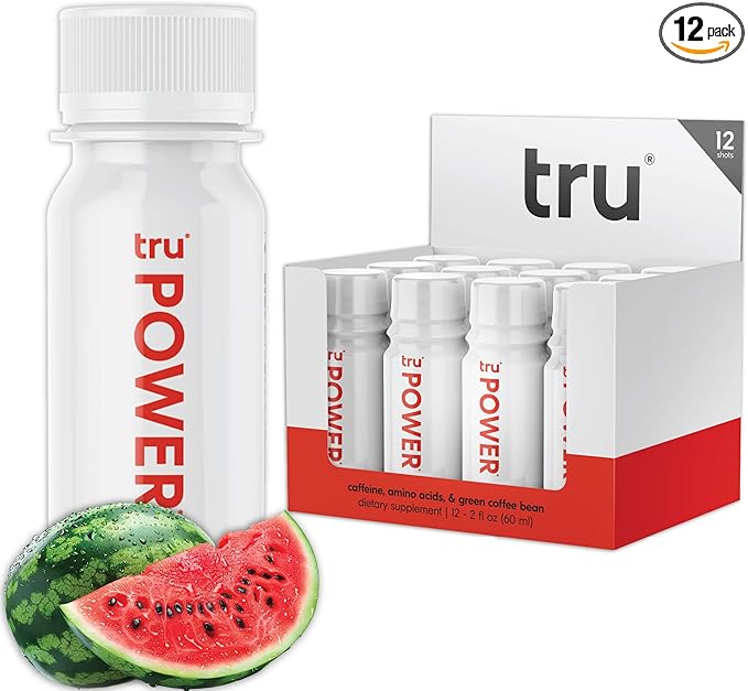 Tru Power Shot, Pre Workout Extra Strength Energy Shots with BCAAs, Watermelon Flavored Shots, 100 mg Natural Caffeine, Kosher, Gluten Free, Low Calories, Zero Sugar Supplement, 2oz (Pack of 12)
