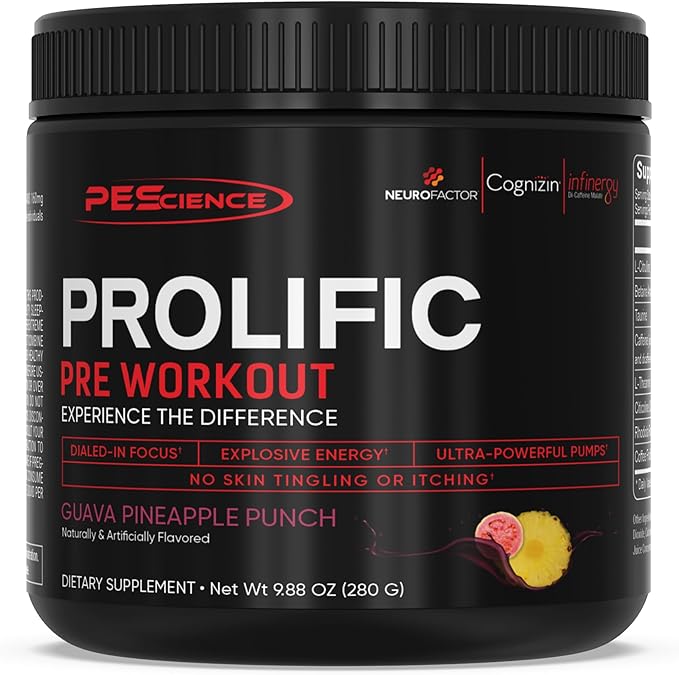 PEScience Prolific Pre Workout Powder, Guava Pineapple Punch, 40 Scoop, Energy Supplement with Nitric Oxide
