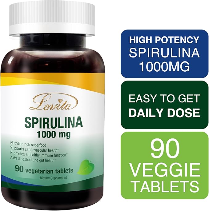 Lovita Organic Spirulina 1000mg per Tablet, Natural Multivitamin Superfood, 100% Vegan, Non-Irradiated, 90 Vegetarian Tablets