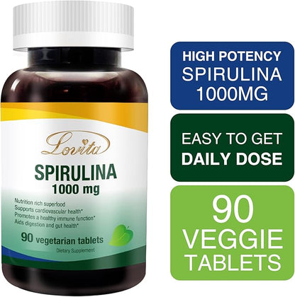 Lovita Organic Spirulina 1000mg per Tablet, Natural Multivitamin Superfood, 100% Vegan, Non-Irradiated, 90 Vegetarian Tablets
