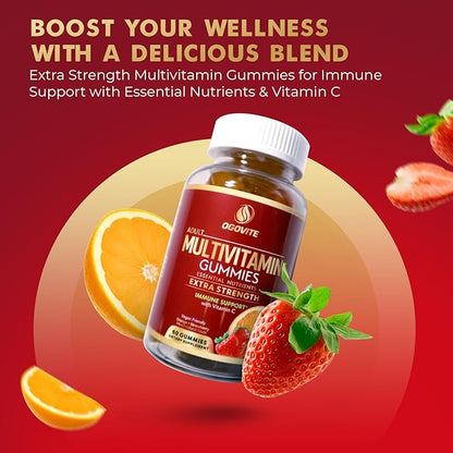 Multivitamin Gummies | Natural Energy & Immune Health Support for Adults | Extra Strength with Vitamin C and B Vitamins | Vegan | Orange & Strawberry Flavor | 60 Gummies (1 Month Supply)