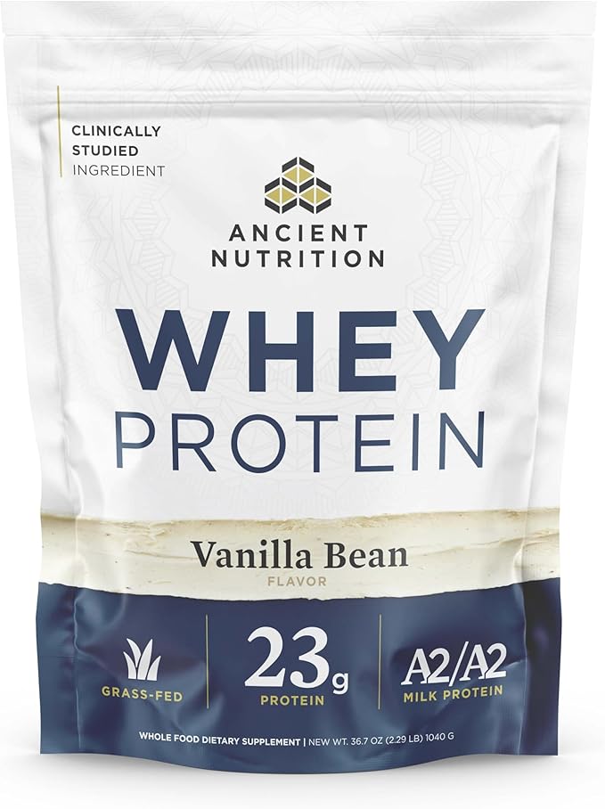Ancient Nutrition Grass Fed Whey Protein, 23g Protein, Hydrolyzed Collagen Peptides, Organic Regenerative A2/A2 Milk Protein (35 Servings, Vanilla Bean)