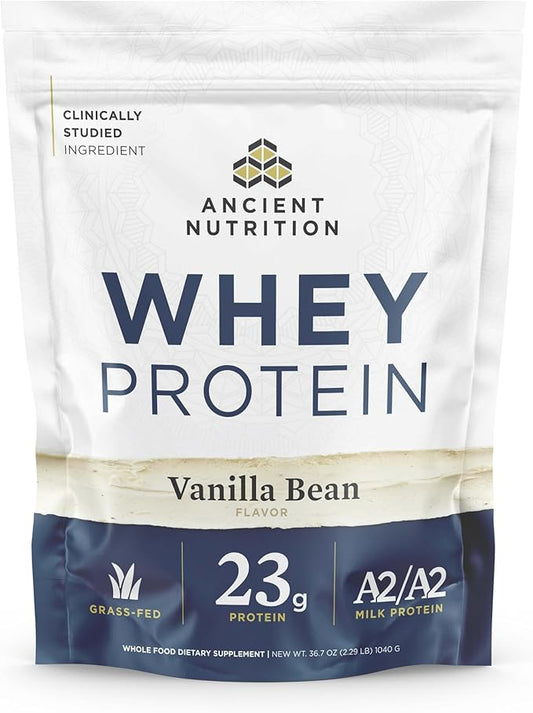 Ancient Nutrition Grass Fed Whey Protein, 23g Protein, Hydrolyzed Collagen Peptides, Organic Regenerative A2/A2 Milk Protein (35 Servings, Vanilla Bean)