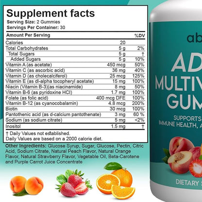 Plant-Based Multivitamin Gummies, Daily multivitamins for Men and Women with Vitamins A, C, D, E, B-3, B-6, B-12, Biotin, inositol, Non-GMO, Gluten Free, 60 Count (30 Days Supply)