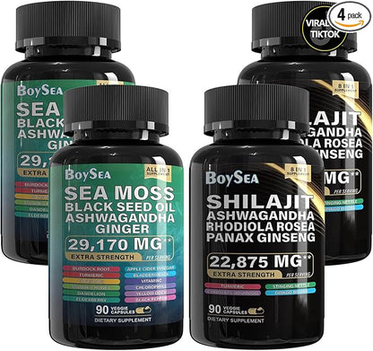 Boysea.Sea Moss and shilajit Bundle - 90 Count - Sea Moss 7000mg, Black Seed Oil 4000mg, Ashwagandha 2000mg, Ginger & Shilajit 9000mg, Rhodiola Rosea 1000mg, All in 1 Supplements (2 Pack)