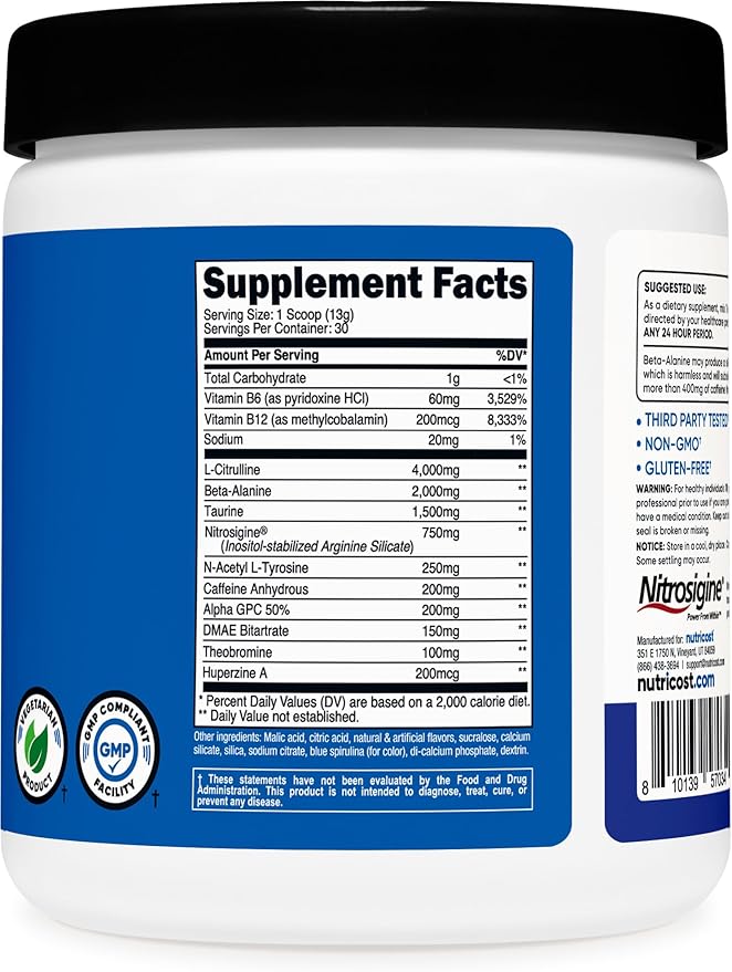 Nutricost Pre-Workout Complex Powder (30 Servings, Blue Raspberry) - Pre-Workout Supplement with Beta-Alanine, Taurine & Amino Acids