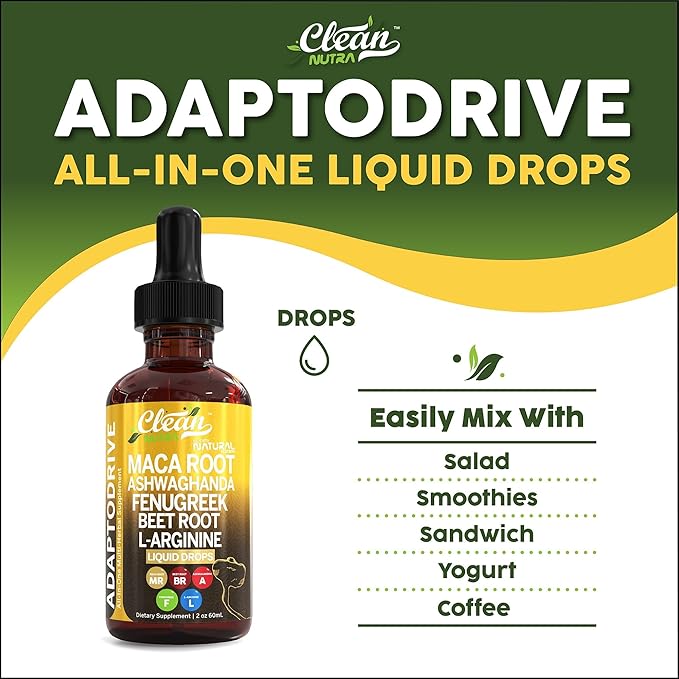 Organic Maca Root Liquid Drops with Ashwagandha, Fenugreek, Beet Root and L-Arginine Liquid Multivitamin for Women and Men - Adapto Drive by Clean Nutra