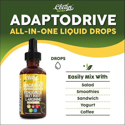 Organic Maca Root Liquid Drops with Ashwagandha, Fenugreek, Beet Root and L-Arginine Liquid Multivitamin for Women and Men - Adapto Drive by Clean Nutra