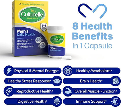 Culturelle Daily Health 8-in-1 Probiotic and Multivitamin for Men - 30 Count - Naturally-Sourced Probiotics for Digestive Health & Immune Support, with Magnesium, Vitamin D3, Vitamin C, Vitamin B12