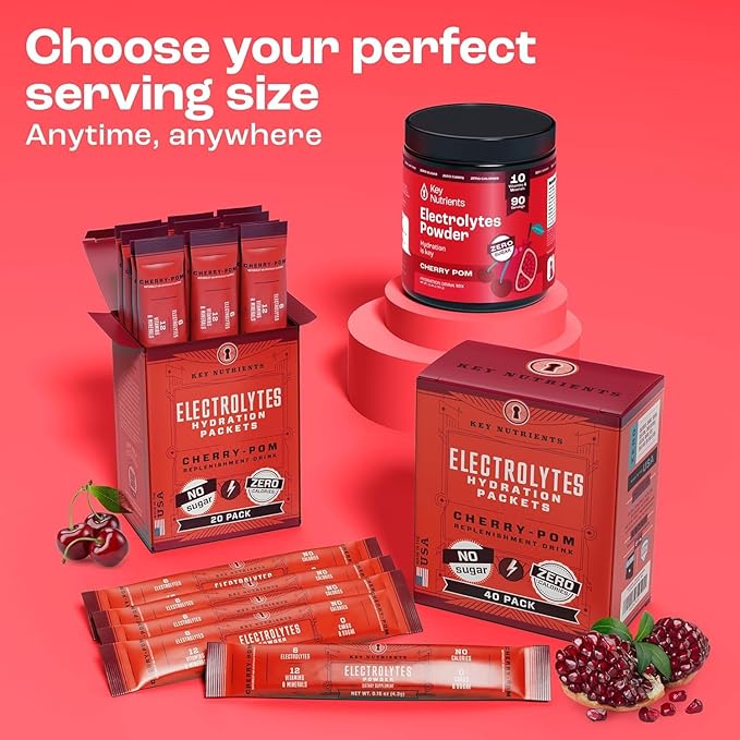 KEY NUTRIENTS Multivitamin Electrolytes Powder No Sugar - Sweet Cherry Pom Electrolyte Powder - Endurance & Energy Supplement - Hydration Powder - No Calories - 90 Servings - Made in USA