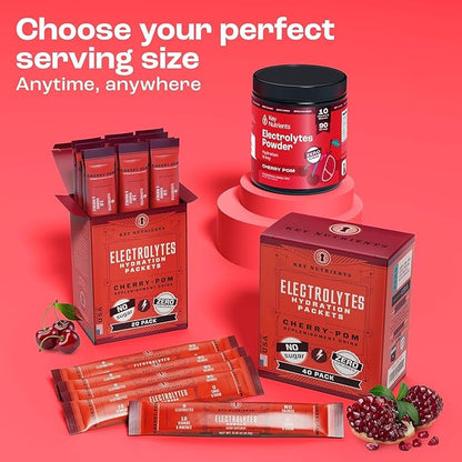 KEY NUTRIENTS Multivitamin Electrolytes Powder No Sugar - Sweet Cherry Pom Electrolyte Powder - Endurance & Energy Supplement - Hydration Powder - No Calories - 90 Servings - Made in USA