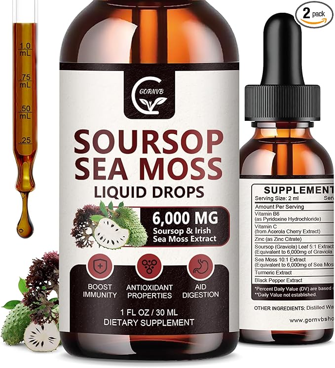 (2 Pack) Soursop Graviola Liquid Drop, Soursop Multivitamin Liquid with Sea Moss & Turmeric, 98% Absorption Soursop Bitters Liquid for Cell Support & Regeneration, Immune Boost and Liver, 1 Fl Oz