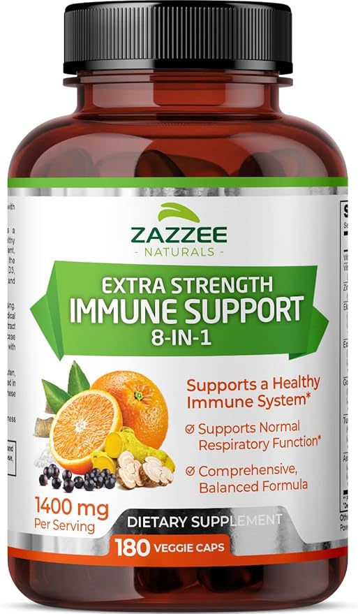Zazzee Extra Strength 8-in-1 Immune Support, 1400 mg per Capsule, 180 Vegan Capsules, 1000 mg Vitamin C, 1000 IU mg D3, Zinc, Elderberry, Echinacea, Goldenseal, Turmeric and Astragalus, All-Natural