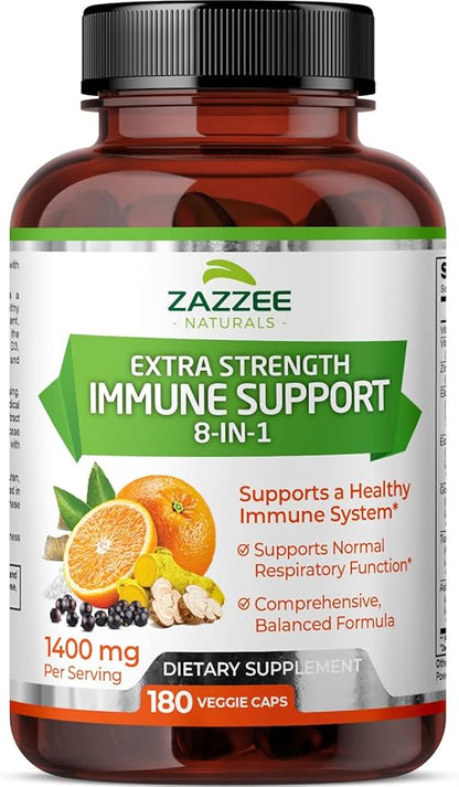 Zazzee Extra Strength 8-in-1 Immune Support, 1400 mg per Capsule, 180 Vegan Capsules, 1000 mg Vitamin C, 1000 IU mg D3, Zinc, Elderberry, Echinacea, Goldenseal, Turmeric and Astragalus, All-Natural
