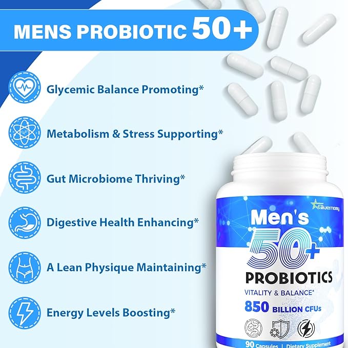 Probiotics for Men, Advanced 50+ Mens Probiotic, Comprehensive Gut & Energy Support with 850 Billion CFU, 1800mg Prebiotics Fiber – Tailored Wellness mens probiotics for gut health over 50, 990Capsule
