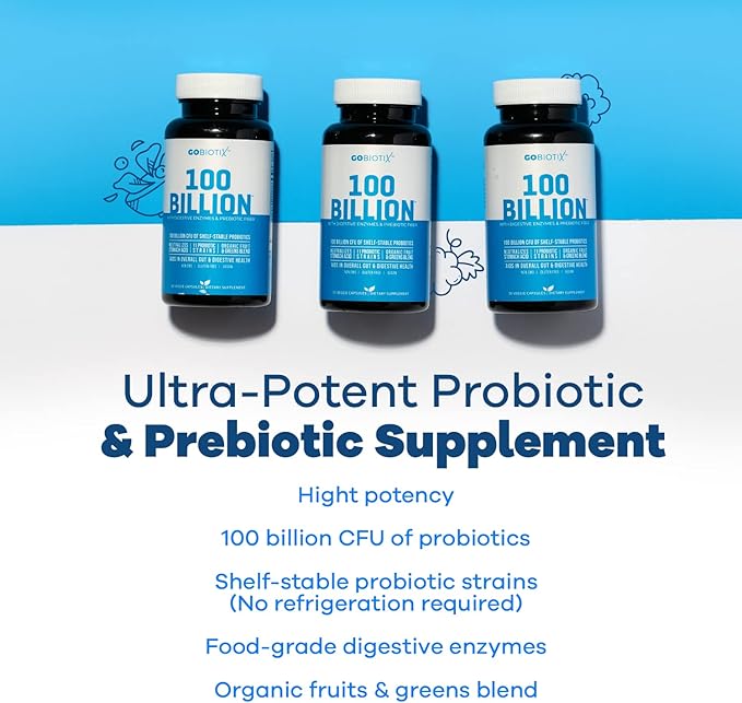 GOBIOTIX 100 Billion - Probiotics and Prebiotics Supplement Pills - Digestive Enzymes and Prebiotic Fiber Blend - 100 Billion CFU - Organic Fruit and Greens Blend - Vegan, Non GMO - 30 Capsules