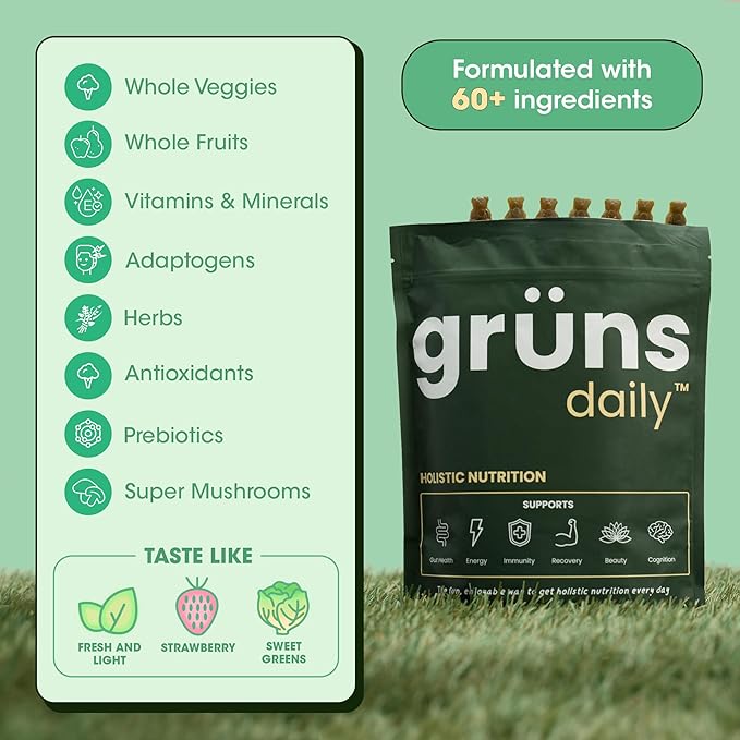 Super Greens Gummies: Organic Spirulina and Chlorella, Prebiotics for Digestive Health, 20+ Vitamins and Minerals, Adaptogens, 14 Day Supply (112 Count)