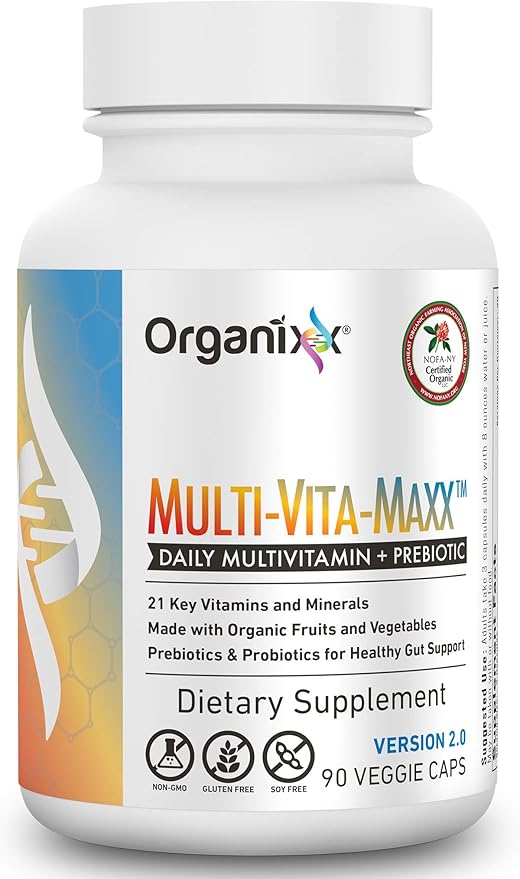 Organixx Vegan Multivitamin for Women & Men, Prebiotic with Vitamin C, D3, Vitamin B Complex, Probiotics, Organic Fruits and Vegetables, Supports Digestive, Gut Health, Immune Support, 90 Gel Capsules