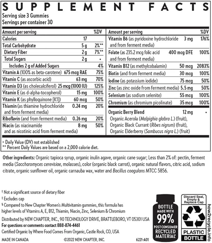 New Chapter Women’s 50+ Multivitamin Gummies – 66% Less Sugar, Women’s Healthy Aging Gummy Vitamins with Vitamin C, B Vitamins & Zinc, Non-GMO, Gluten Free, Berry Citrus Flavored, 90 ct