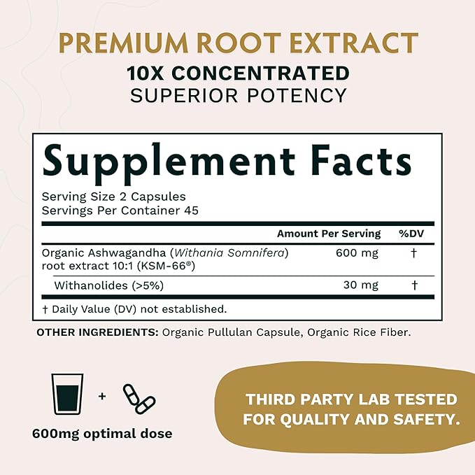 TRIBE ORGANICS Ashwagandha KSM 66 Pure Organic Root Powder Extract Ayurvedic Supplement - Focus Mood Support Increase Energy Strength 600mg of Natural KSM66 for Superior Absorption - 90 Capsules