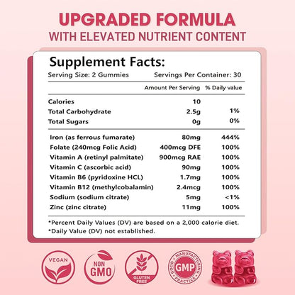 Vegan Iron Supplement for Women, with Vitamin A, C, B6, B12, Folate and Zinc, Energy Boost, Sugar Free, No After Taste - Delicious Cherry Flavor, 60 Count