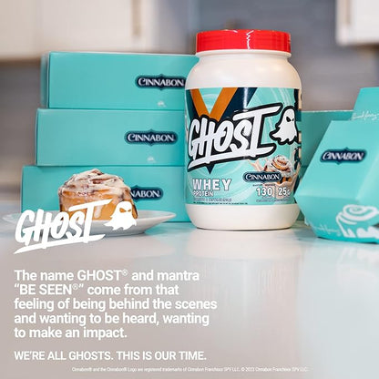 GHOST Whey Protein Powder, Cinnabon - 2LB Tub, 25G of Protein - Cinnamon Roll Flavored Isolate, Concentrate & Hydrolyzed Whey Protein Blend - Post Workout Shakes - Soy & Gluten Free