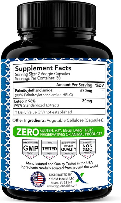 Palmitoylethanolamide 630 mg + Luteolin Standardized 98%- Micronized Pea 99% Highly Purified and Bioavailable - Made in USA - Supplement for Men and Women - 60 Veggie Capsules