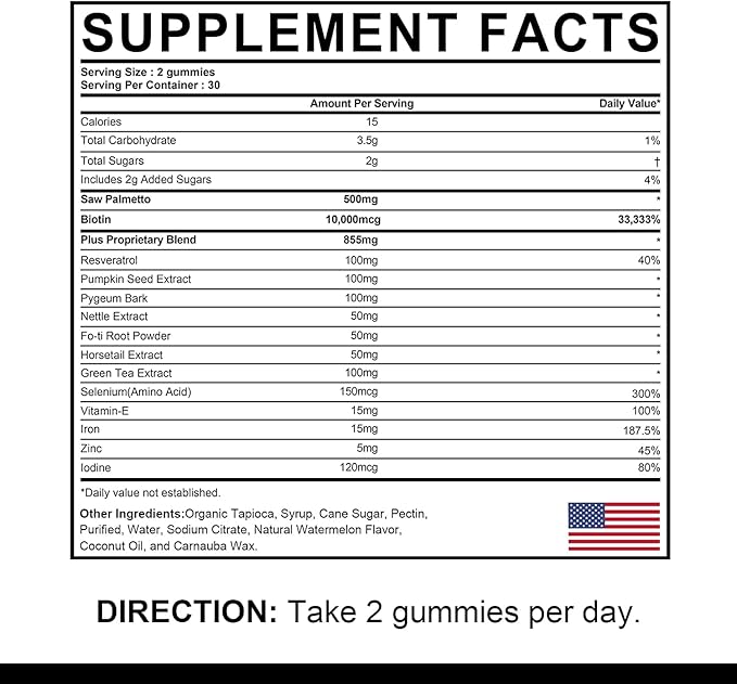 DHT Blocker Gummies Hair Growth Supplement, Super Potency Saw Palmetto & Biotin 10000 mcg for Women & Men, Plus 12 Proprietary Blend - Prevent Hair Loss, Blocking DHT Receptors, 2Pc/120ct