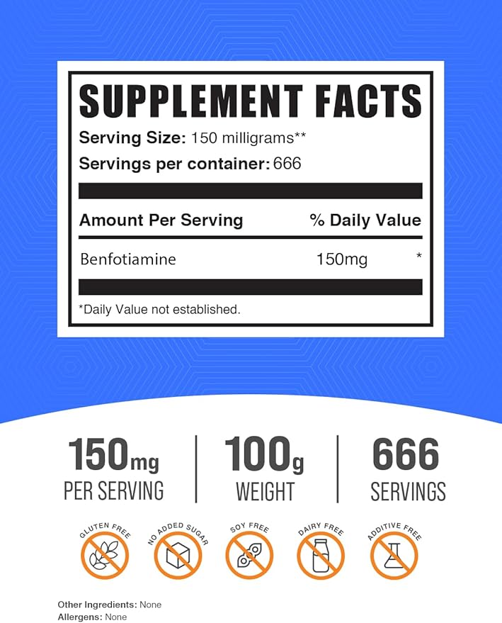 BulkSupplements.com Benfotiamine Powder - Thiamine B1 Supplement, Benfotiamine Supplement - Benfotiamine 150mg, Gluten Free - 150mg per Serving, 100g (3.5 oz) (Pack of 1)