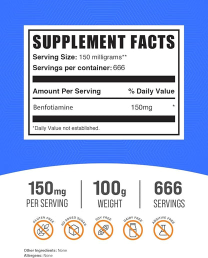 BulkSupplements.com Benfotiamine Powder - Thiamine B1 Supplement, Benfotiamine Supplement - Benfotiamine 150mg, Gluten Free - 150mg per Serving, 100g (3.5 oz) (Pack of 1)