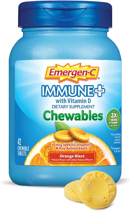 Emergen-C Immune+ Chewables 1000mg Vitamin C with Vitamin D Tablet, Immune Support Dietary Supplement for Immunity, Orange Blast Flavor - 42 Count