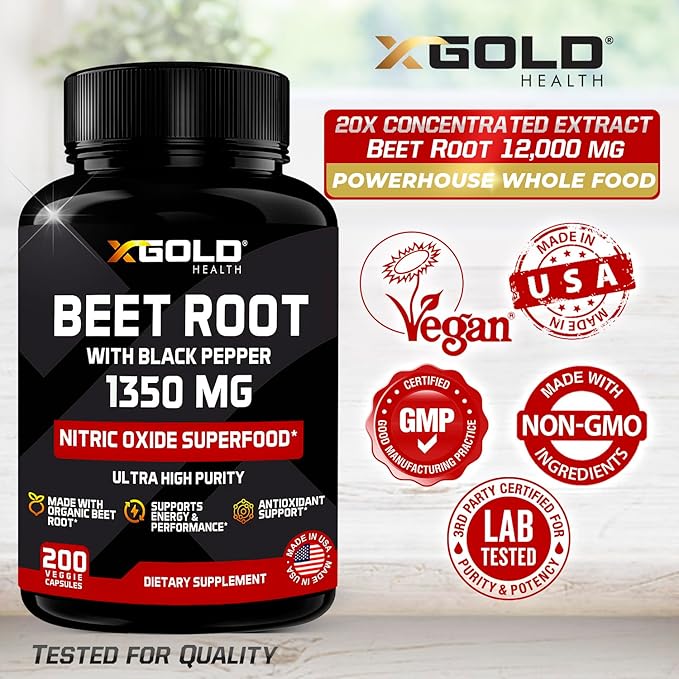 Organic Beet Root Powder 1350mg 200 Veggie caps Superfood Nitric Oxide Strongest Premium Supplement Natural Nitrates | Black Pepper for Best Benefits | Vegan, Non-GMO, & Gluten-Free | Made in USA