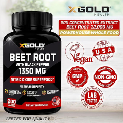 Organic Beet Root Powder 1350mg 200 Veggie caps Superfood Nitric Oxide Strongest Premium Supplement Natural Nitrates | Black Pepper for Best Benefits | Vegan, Non-GMO, & Gluten-Free | Made in USA