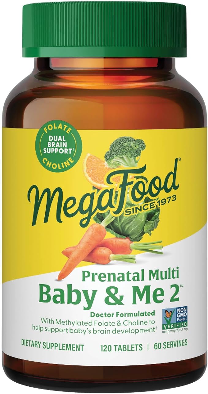 MegaFood Baby & Me 2 Prenatal Vitamin and Minerals - Vitamins for Women - with Folate (Folic Acid Natural Form), Choline, Iron, Iodine, and Vitamin C, Vitamin D and more - 120 Tabs (60 Servings)