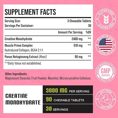 Creatine Monohydrate for Women, Creatine Supplement 3000 MG, with Hydrolyzed Collagen, BCAA, for Muscle Builder & Strength, Energy Boost, Faster recovery, Vegan, Non-GMO, Sugar Free, 60 Servings