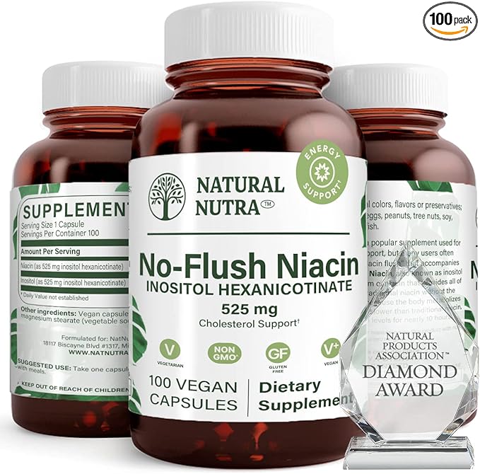 Natural Nutra No Flush Niacin, Vitamin B3 Supplement, Helps Heart Health, Promotes Skin Texture, Helps Boost Energy Level 525 mg, 100 Capsules