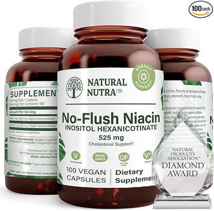 Natural Nutra No Flush Niacin, Vitamin B3 Supplement, Helps Heart Health, Promotes Skin Texture, Helps Boost Energy Level 525 mg, 100 Capsules