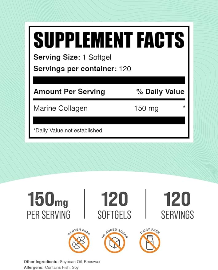BulkSupplements.com Marine Collagen Softgels - Collagen Supplement, Collagen for Women & Men, 150mg of Collagen - Gluten Free, 1 Softgel per Serving, 120 Count (Pack of 1)