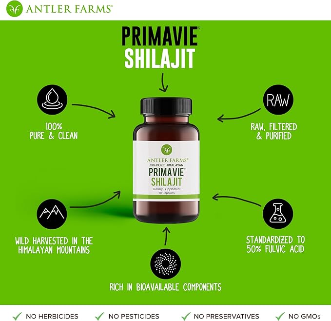 Antler Farms - 100% Pure PrimaVie Shilajit for Men Extract, 60 Capsules, 250mg – Standardized to 50% Fulvic Acid, Wild Harvested Resin from The Himalayas, Powerful Adaptogenic Supplement