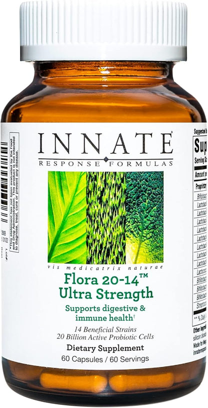Innate Response Formulas Flora 20-14 Ultra Strength - Probiotic Supplement with 20 Billion CFU - 14 Probiotic Strains - Vegan and Non-GMO - Made Without 9 Food Allergens - 60 Caps