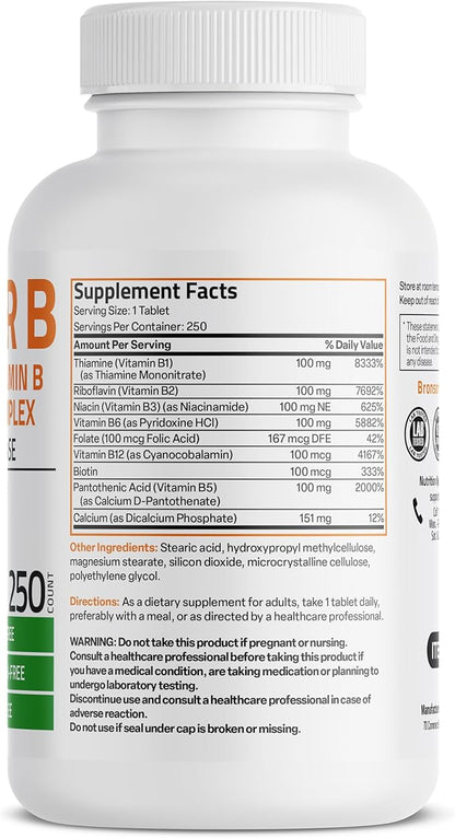 Bronson Super B 100 Vitamin B Complex Sustained Release Contains All B Vitamins (Vitamin B1, B2, B3, B6, B9 - Folic Acid, B12) Supports Energy Metabolism & Nervous System Health, Non-GMO, 250 Tablets