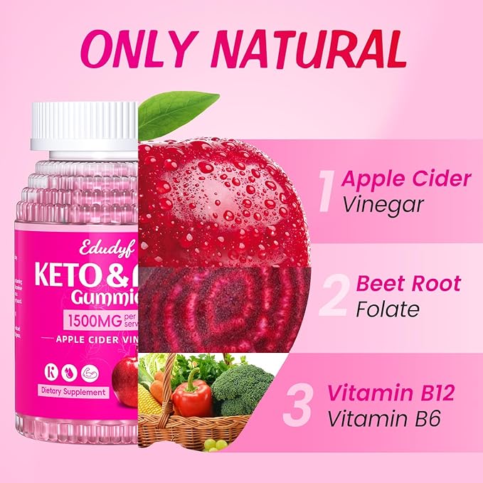 Keto ACV Gummies - Sugar-Free Apple Cider Vinegar Gummies Keto-Friendly, Vegan, Non-GMO, Gluten-Free Apple Flavor Formula for Men & Women 60 Count