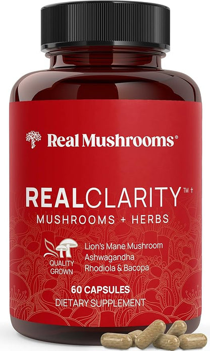 Real Mushrooms RealClarity Mushroom Powder Capsules - Brain Supplement with KSM-66 Ashwagandha Extract for Mental Clarity, Focus - Organic Lions Mane Capsules Focus Supplements for Adults, 60ct