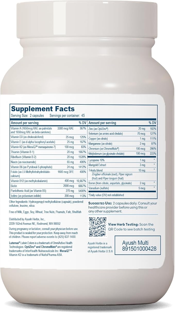 Ayush Herbs Multi, All-Natural High Antioxidant Multivitamin for Women and Men, Active B Vitamin and Chelated Mineral Supplements, Daily Vitamins for Adults, 90 Vegetarian Capsules