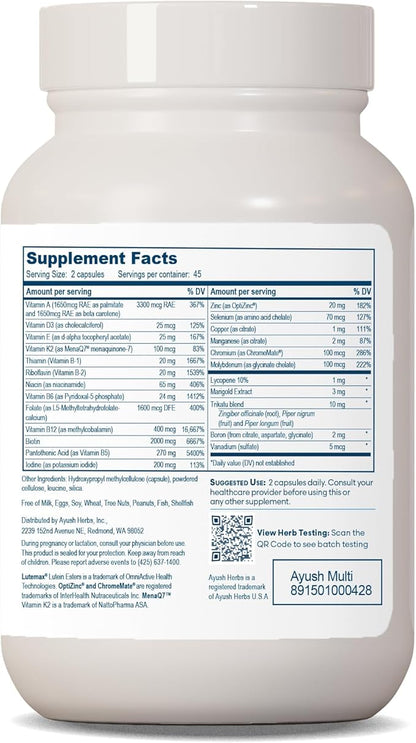 Ayush Herbs Multi, All-Natural High Antioxidant Multivitamin for Women and Men, Active B Vitamin and Chelated Mineral Supplements, Daily Vitamins for Adults, 90 Vegetarian Capsules