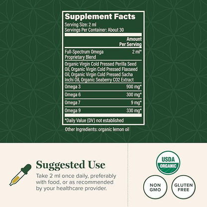 Global Healing Organic Omega 3 6 9 and 7 (Seaberry CO2 Extract) - Fish-Free, Non-GMO Omega 3 Supplement for Women & Men, Contains Perilla Seed & Flaxseed Oil - Omega 3 Fish Oil Alternative - 2 Fl Oz