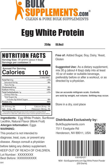 BulkSupplements.com Egg White Protein Powder - Albumin Powder, Egg White Powder - Lactose Free & Dairy Free Protein Powder - Unflavored & Gluten Free, 30g per Serving, 250g (8.8 oz)