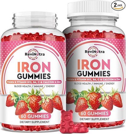 Iron Gummies - with Calcium, Zinc, Folate & Vitamin B12, C, B6 for Adults & Kids - Blood Builder & Energy Support for Iron Deficiency, Anemia, Vegan - 2 Pack Strawberry Flavour,60 Gummies