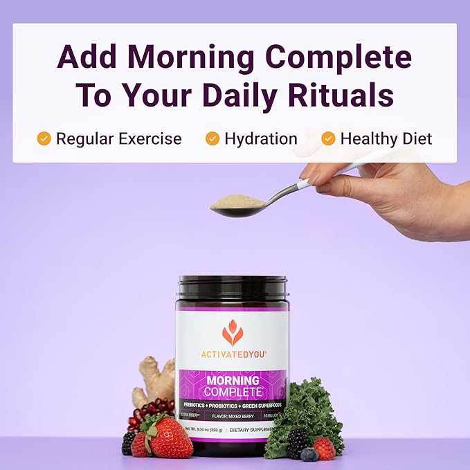 ACTIVATEDYOU Morning Complete Daily Wellness Greens Superfood Drink Mix for Gut Health w/Prebiotics, Probiotics, Antioxidants, Green Superfoods, 10 Billion CFUs, 30 Servings (Mixed Berry)