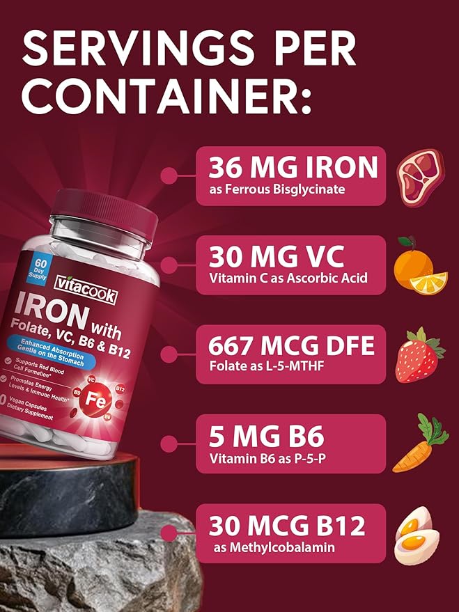Iron Supplement for Women & Men, Iron Bisglycinate with Vitamin C, B6, B12, Folate, Stomach Friendly, Non-Constipating, Blood Health & Energy Boost, 60 Vegan Caps